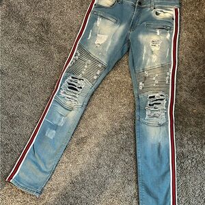 Blue and Red Skinny Jeans with Sporty Stripes
